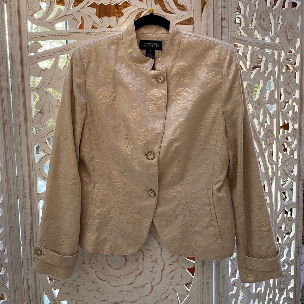 Metallic Gold Floral Brocade Bolero Evening Jacket – Size 8 (Medium)